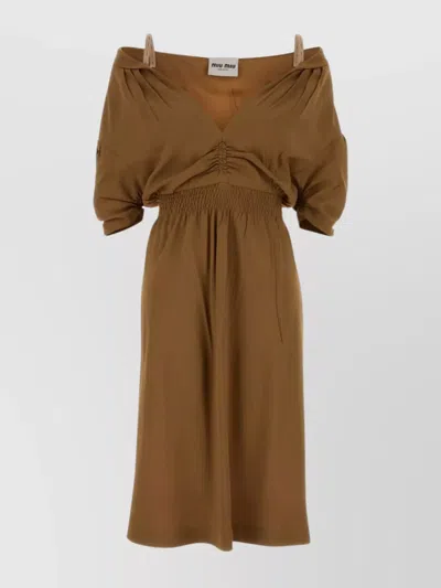 Miu Miu Off-shoulder Midi Dress Featuring Ruched Detail In Brown