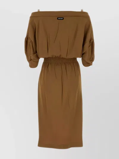 Miu Miu Off-shoulder Midi Dress Featuring Ruched Detail In Brown