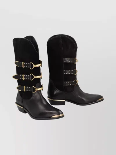 Isabel Marant Decorative Buckle Mid-calf Leather Boots In Black