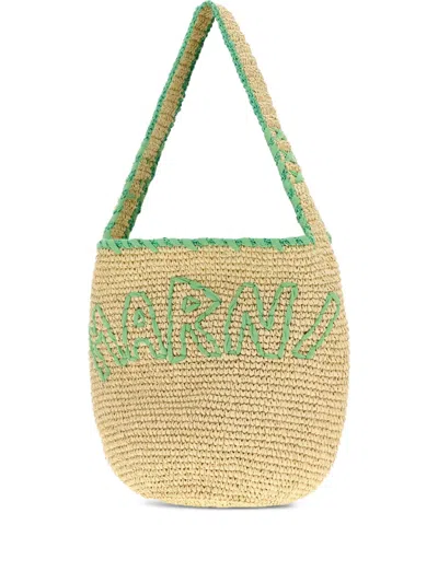Marni Medium Curved Straw Tote Bag In Neutral