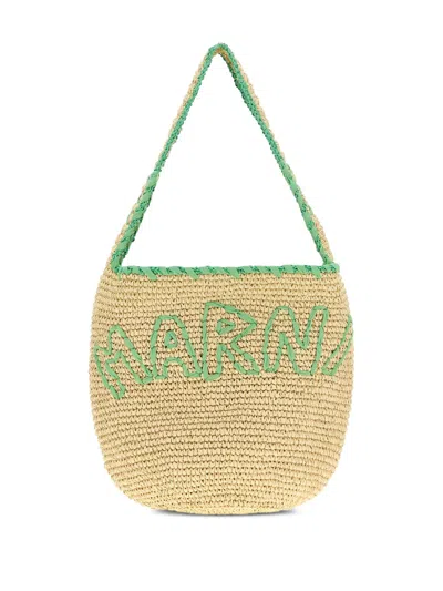 Marni Medium Curved Straw Tote Bag In Neutral