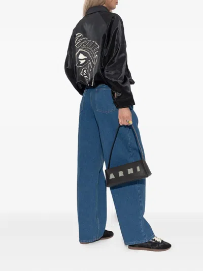 Marni Satin Bomber Jacket Embroidered Back In Black