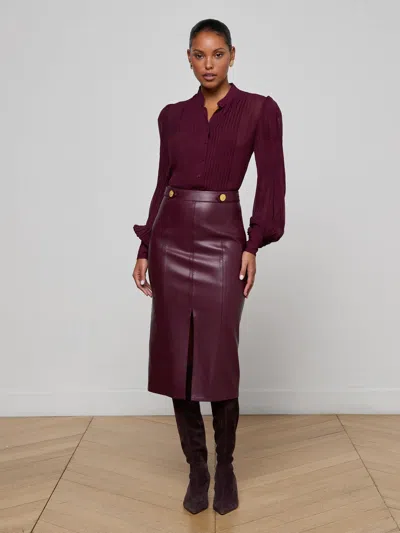L'agence Arlette Whipstitch Vegan Leather Midi Skirt In Burgundy