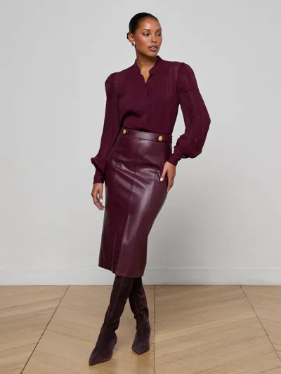 L'agence Arlette Whipstitch Vegan Leather Midi Skirt In Burgundy