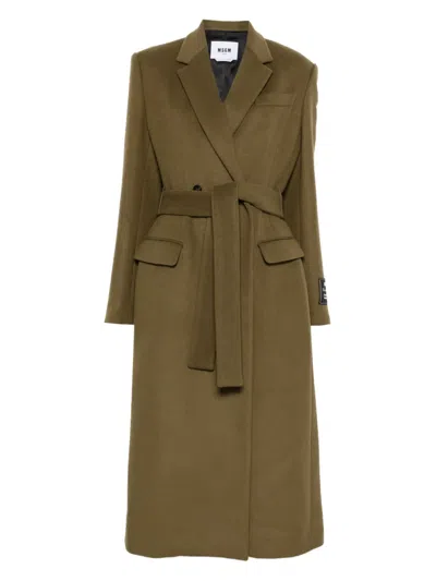 Msgm Double-breasted Coat With Belt In Green