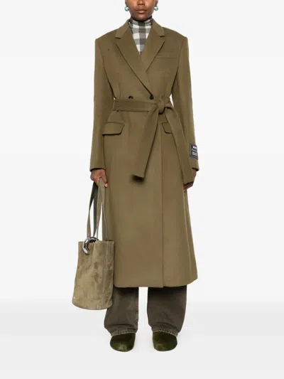 Msgm Double-breasted Coat With Belt In Green