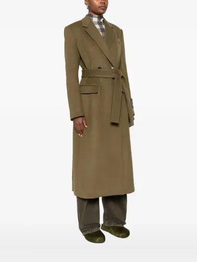 Msgm Double-breasted Coat With Belt In Green