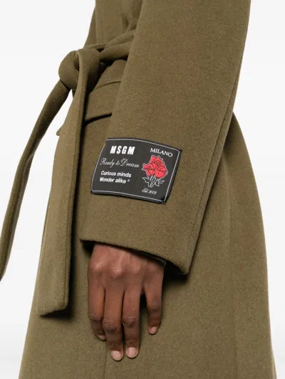 Msgm Double-breasted Coat With Belt In Green