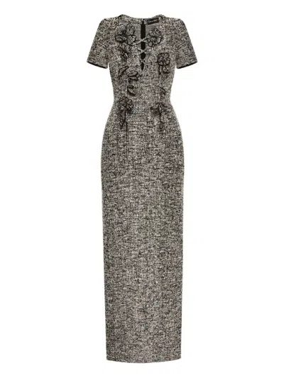 Oscar De La Renta Boucle Jersey Tweed Midi Day Dress In Gray