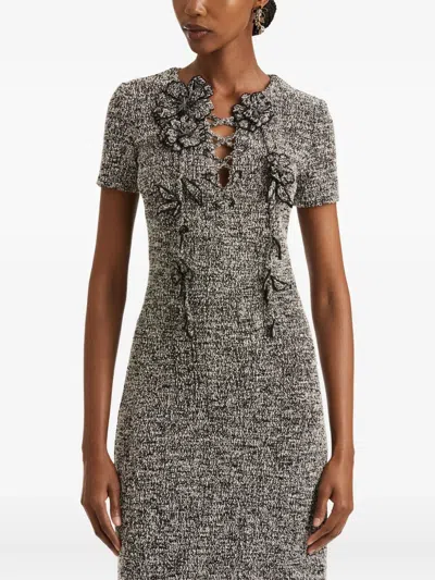 Oscar De La Renta Boucle Jersey Tweed Midi Day Dress In Gray