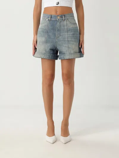 Balmain Rolled Hem Denim Shorts With Diamond Stitched Pattern In Blue