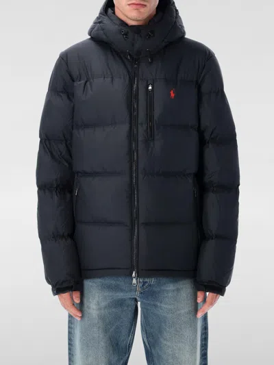 Polo Ralph Lauren Blue Down Jacket With Fixed Hood And Embroidered Pony Logo On Chest In Tech Fabric Man In Black