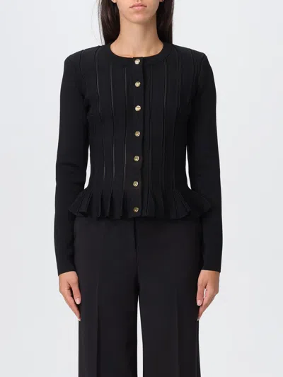 Elisabetta Franchi Tricot Pattern Sweater With Padded Shoulder Straps And Embroidered Hem In Black