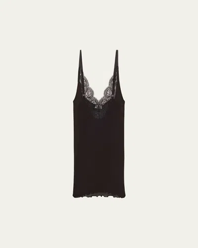 Saint Laurent Ribbed Knit Tank Top With Lace Detail In Black