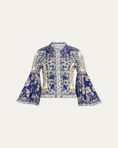Alice And Olivia Willa Forevermore Fitted Bell-sleeve Placket Top In Multi
