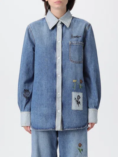 Marni Denim Shirt With Embroidered Floral Motifs In Blue