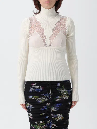 Blumarine Turtleneck Fitted Sweater Lace Detailing In White