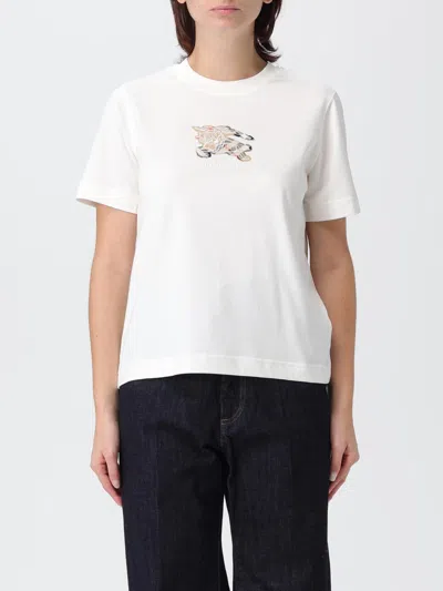 Burberry Ribbed Cotton T-shirt With Equestrian Motif And Logo Patch In White