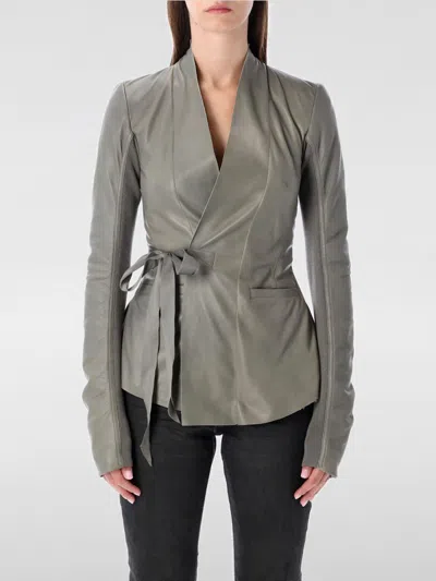 Rick Owens Leather Jacket With Tie Waist And Long Sleeves In Gray