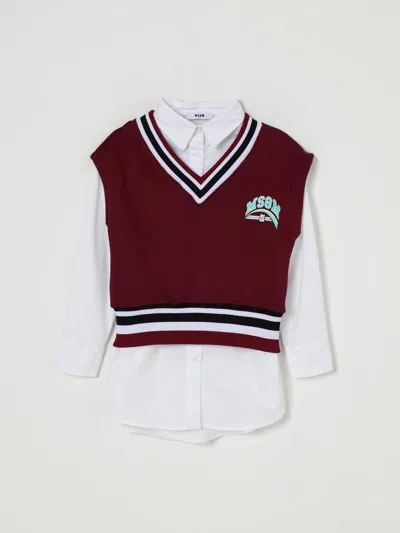 Msgm Burgundy Vest Sweater For Girl With Logo In Brown