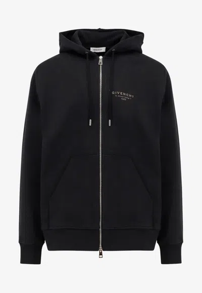 Givenchy Logo Stamp Zip-up Hooded Sweatshirt In Black