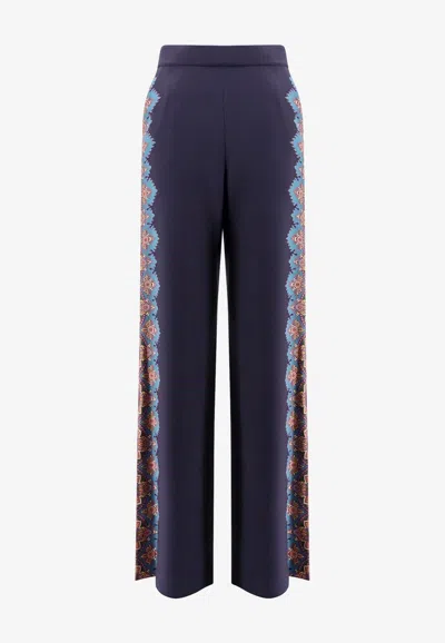 Etro Floral Print Silk Trousers In Blue