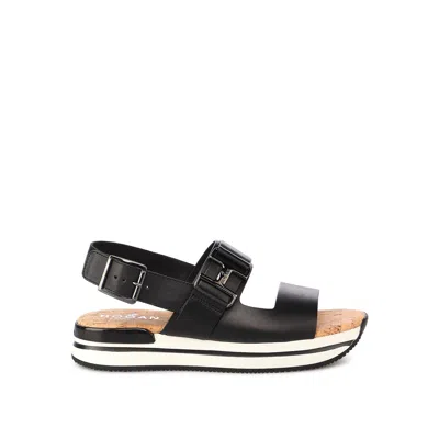 Hogan H257 Leather Sandals In Black In Black