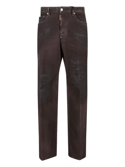 Dsquared2 Straight Trousers With Distressed Finish And Pockets In Brown