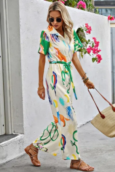 Truedames Allover Print Button Up Belt Jumpsuit In Multi