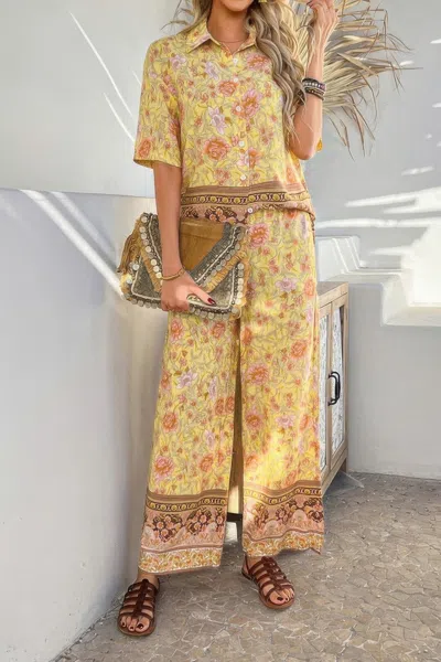 Truedames Two Pieces Button Down Boho Blouse Pant Sets In Yellow