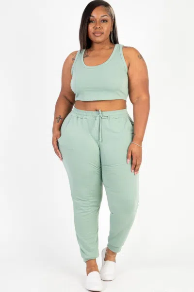 Truedames Plus Size French Terry Cropped Tank Top & Joggers Set In Green