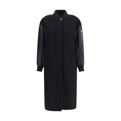 Pinko Long Bomber Coat In Wool And Nylon In Black