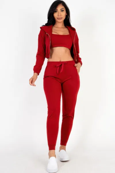 Truedames Women's French Terry Cropped Cami With Zip-up Jacket And Joggers Set In Red