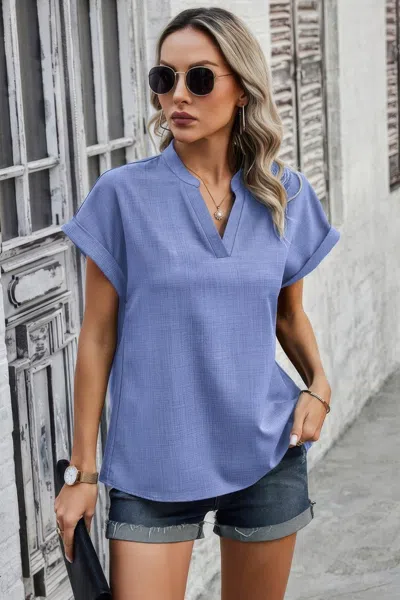 Truedames V Neck Solid Short Bat Sleeve Loose Fit Blouse In Blue