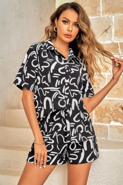 Truedames Outfit Sequins Lips Print Button Down Shorts Set In Black