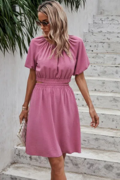 Truedames Two Pieces Solid Basic Elastic Round Neck Sets In Pink