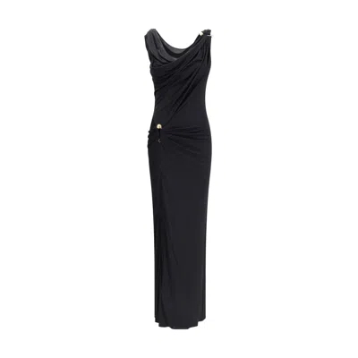 Versace Draped Jersey Long Dress In Black