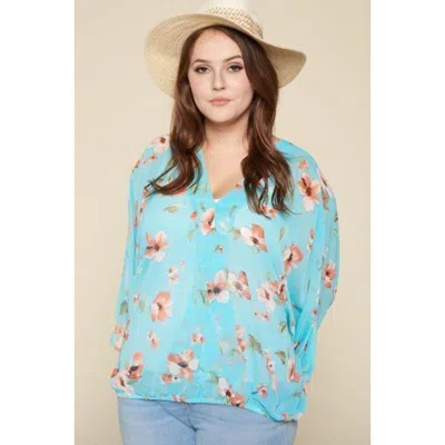Truedames Plus Size Floral Chiffon Sheer Surplice Top In Blue