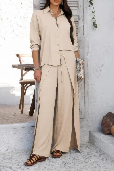 Truedames Two Pieces Split Solid Button Down Sets In Neutral