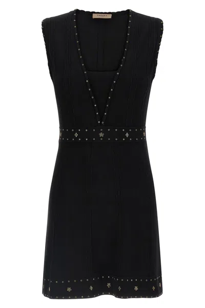 Twinset Twin-set Sleeveless Mini Dress With Deep V-neckline And Decorative Studs In Black