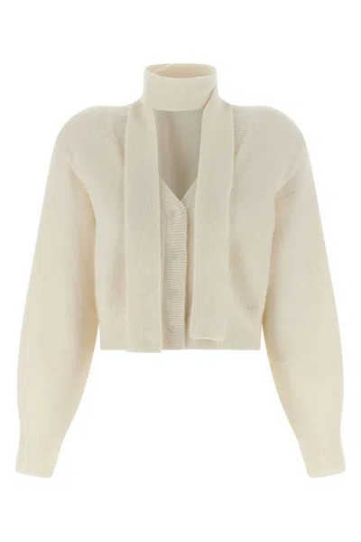 Rotate Birger Christensen Cardigan Con Sciarpa Lavorata A Maglia Bianco In Neutral