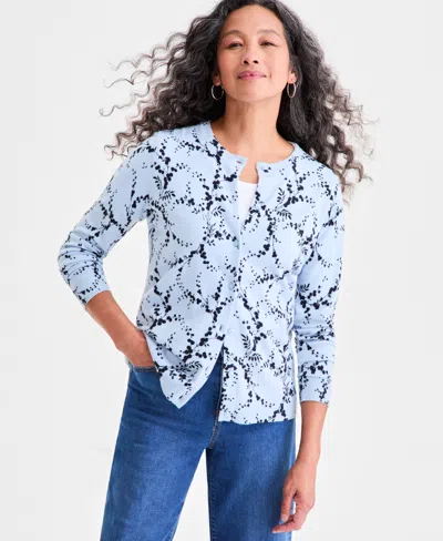 Style & Co Women's Printed Crewneck Button-front Cardigan, Macy's Exclusive In Blue