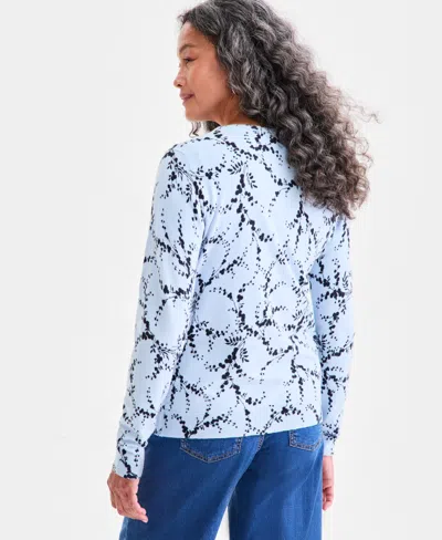 Style & Co Women's Printed Crewneck Button-front Cardigan, Macy's Exclusive In Blue