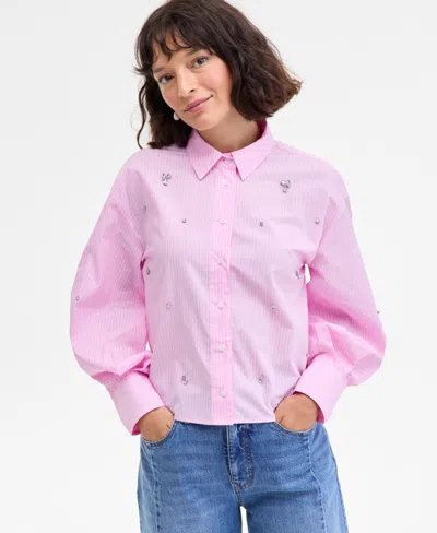 On 34th Womens Embellished Striped Shirt Xxs 3x Macys Exclusive In Pink