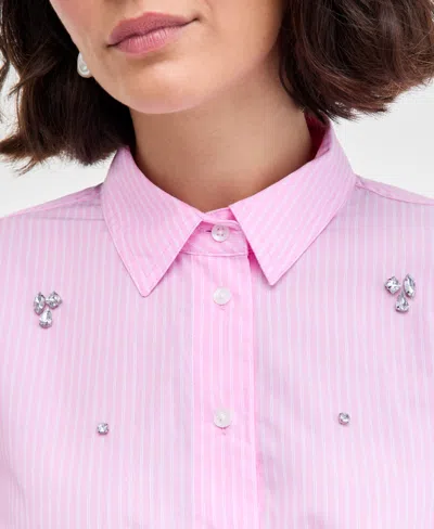 On 34th Womens Embellished Striped Shirt Xxs 3x Macys Exclusive In Pink
