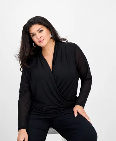 Inc International Concepts Plus Size Blouson-sleeve Surplice Top, Created For Macy's In Black
