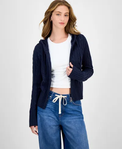 Hooked Up By Iot Juniors' Cable-knit Zippered Hoodie In Blue