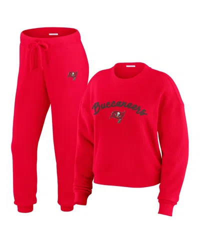 Wear By Erin Andrews Women's 2-piece Cream Tampa Bay Buccaneers Knitted Tri-blend Long Sleeve T-shirt And Pants Lounge Se In Red