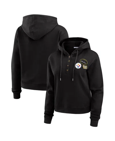 Wear By Erin Andrews Women's Black Pittsburgh Steelers Waffle Hoodie Pullover Top In Black