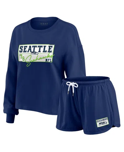 Wear By Erin Andrews Women's 2-piece College Navy Seattle Seahawks Heavy Rugby Jersey Long Sleeve T-shirt And Shorts Loun In Blue
